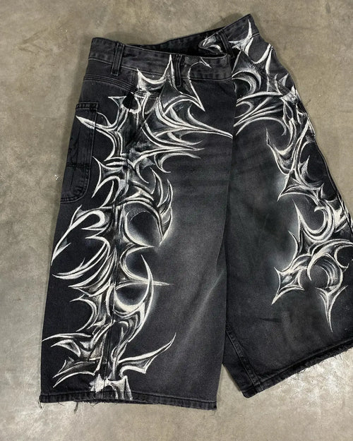 American Retro Gothic Halloween Geometry Graffiti Print Denim Shorts Men Women Y2k Low Waist Baggy Knee Length Jeans Jorts Short