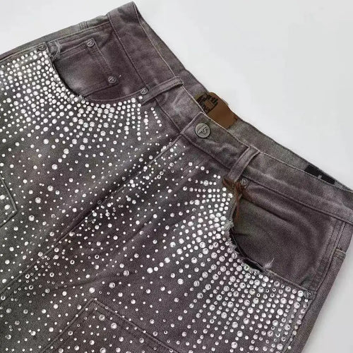 American retro gothic streetwear torn denim shorts men's loose hip-hop punk straight loose denim shorts